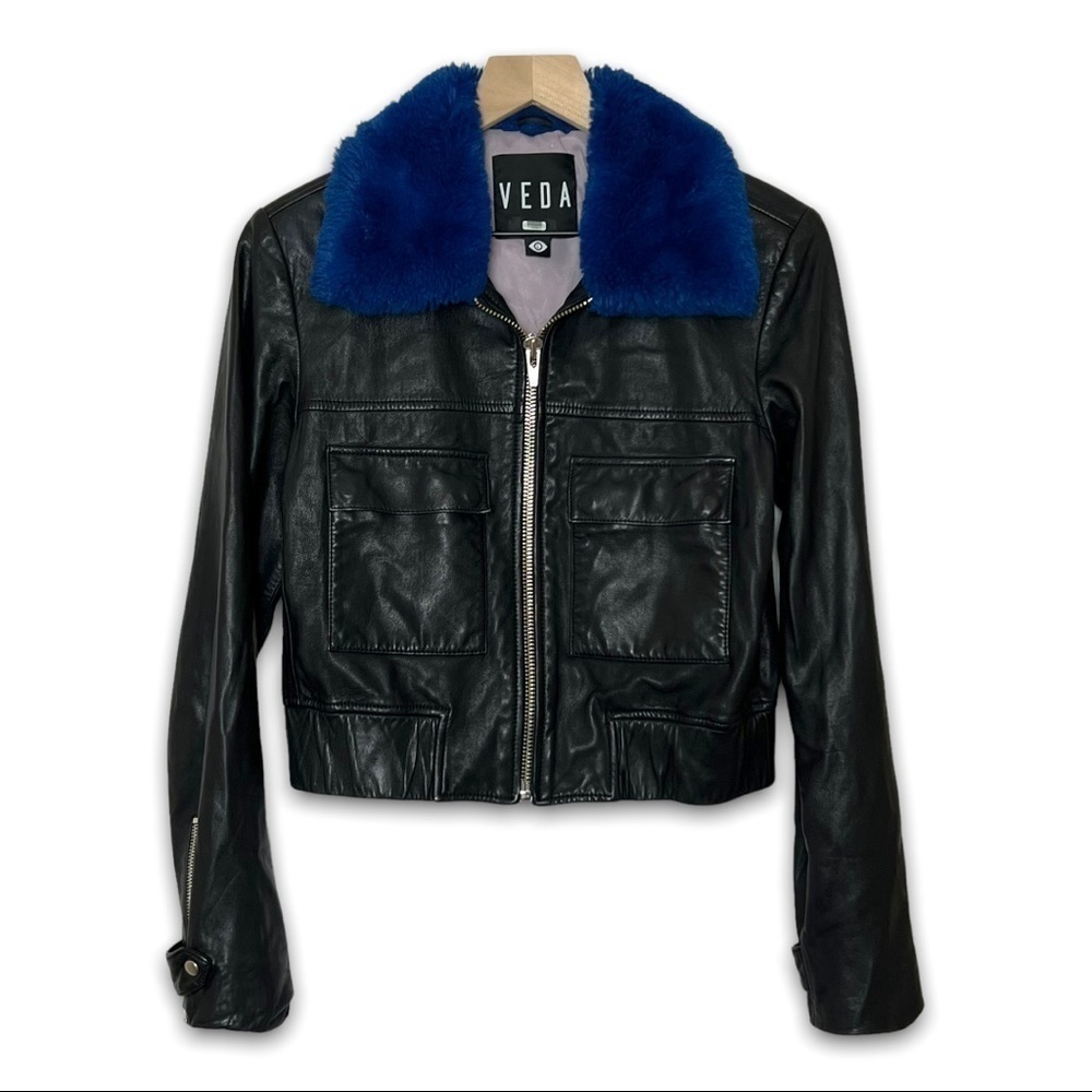 VEDA Lamb Leather Faux Fur Collar Cropped Y2K Penny Lane Biker Bomber Jacket L‎ - Picture 5 of 13
